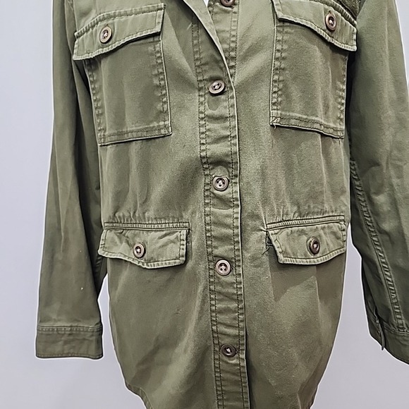 Divided H&M Womens Military Style Cargo Jacket Size 6 Army Green Hooded Shacket - Picture 3 of 10